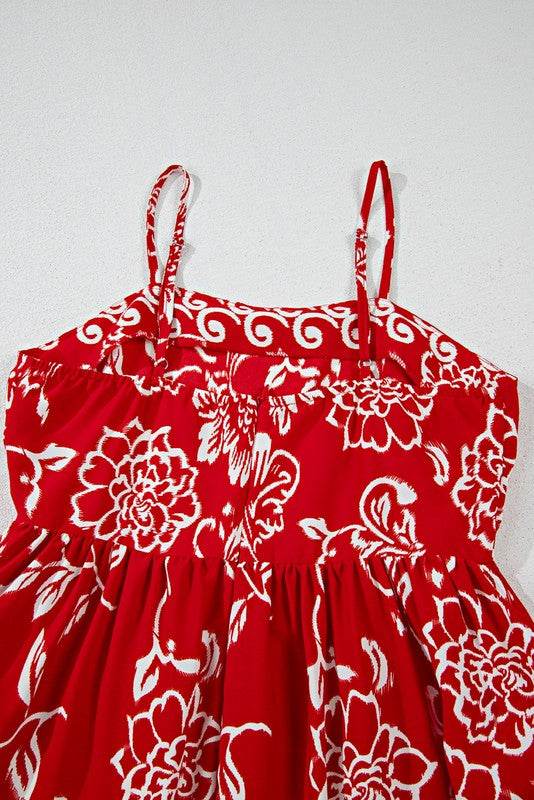 Red Floral Spaghetti Strap Empire Waist Maxi Dress