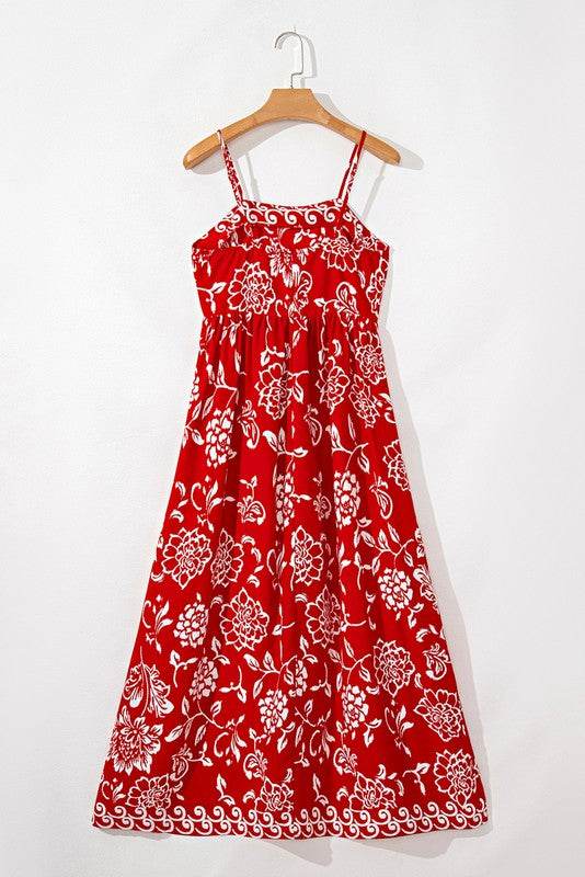 Red Floral Spaghetti Strap Empire Waist Maxi Dress