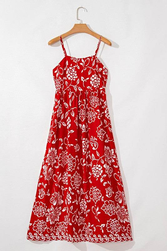Red Floral Spaghetti Strap Empire Waist Maxi Dress