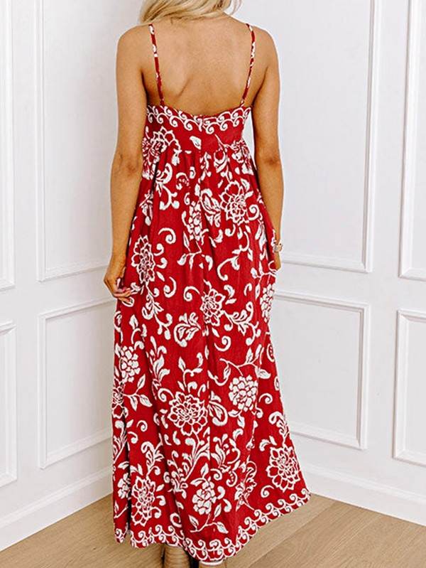 Red Floral Spaghetti Strap Empire Waist Maxi Dress
