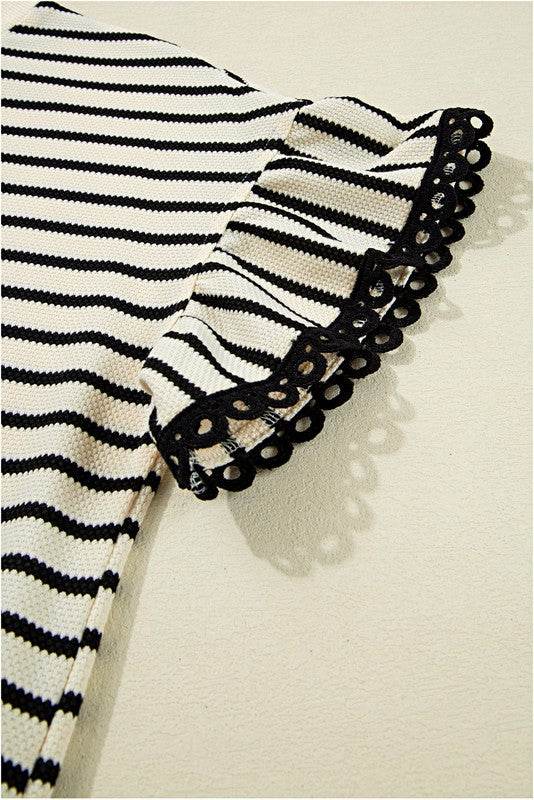 Cotton Stripe Scallop Lace Ruffle Sleeves Top