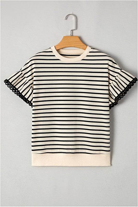 Cotton Stripe Scallop Lace Ruffle Sleeves Top
