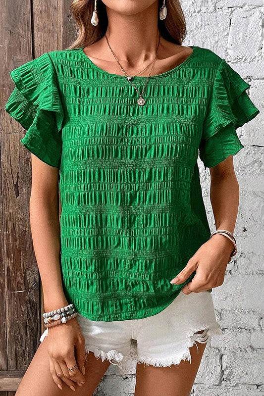 Textured Ruffled Sleeve Round Neck Top