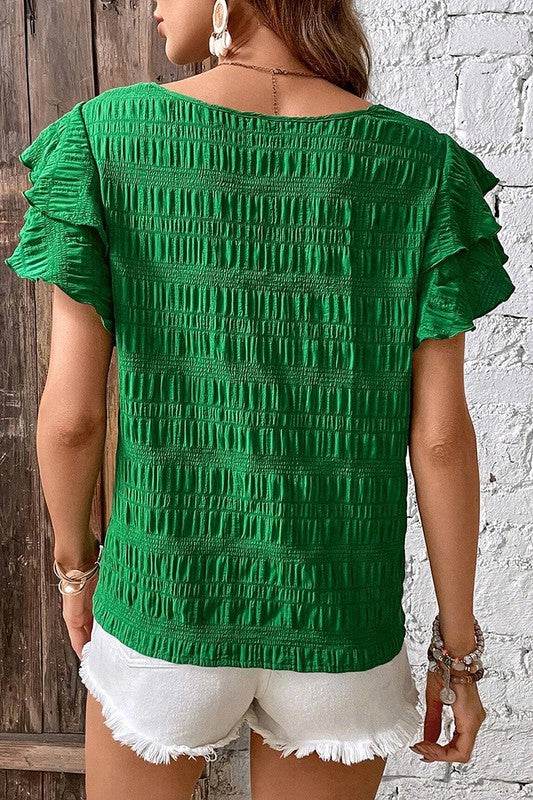 Textured Ruffled Sleeve Round Neck Top