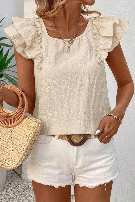 Textured Bow Knot Frilled Butterfly Sleeve Blouse