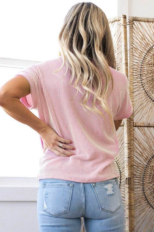 Corded Knit Color Block Pocketed Crew Neck T Shirt