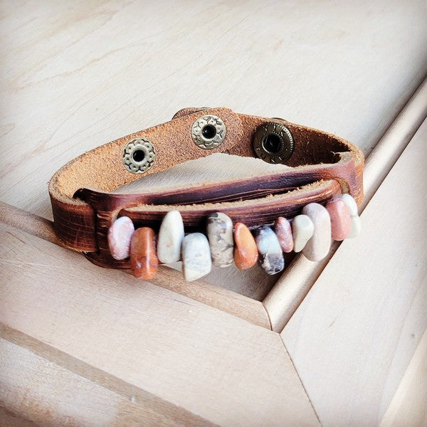 Genuine Leather Narrow Cuff w/Aqua Terra Stone