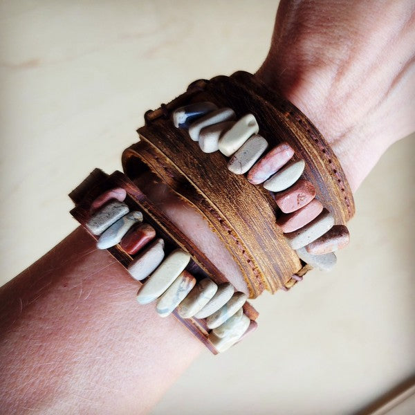 Genuine Leather Narrow Cuff w/Aqua Terra Stone