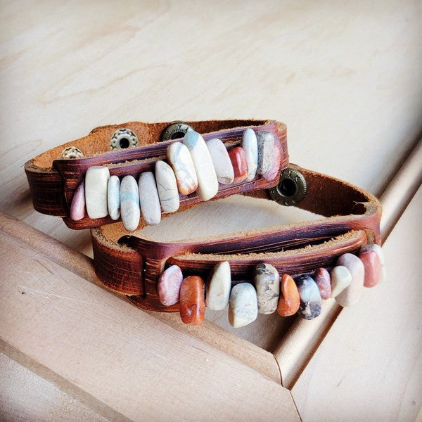 Genuine Leather Narrow Cuff w/Aqua Terra Stone