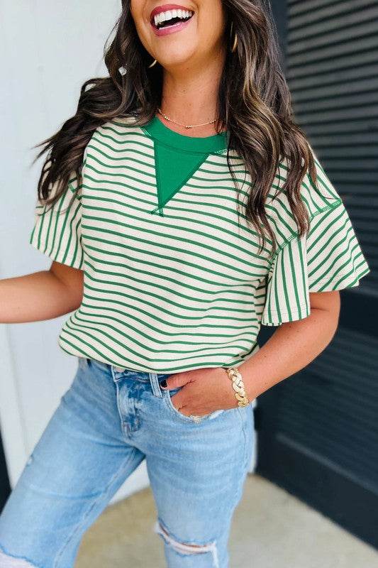 Contrast Detail Striped Ruffle Short Sleeve Top
