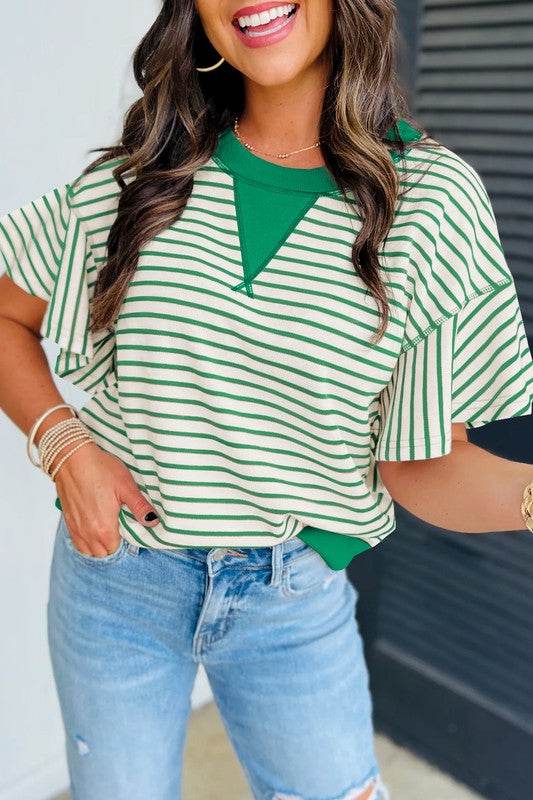 Contrast Detail Striped Ruffle Short Sleeve Top