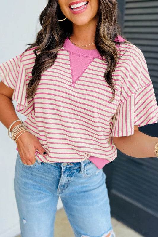 Contrast Detail Striped Ruffle Short Sleeve Top