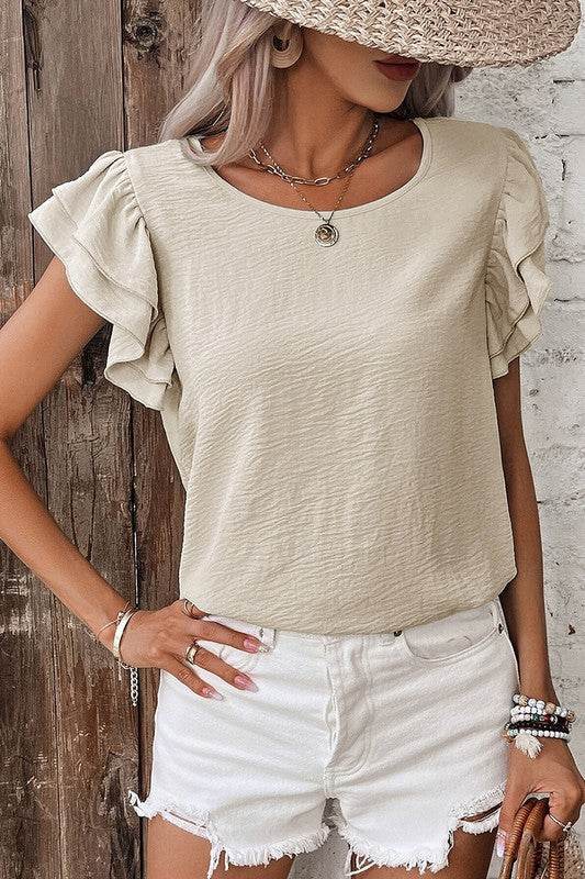 Solid Color Ruffled Short Sleeve Casual Blouse
