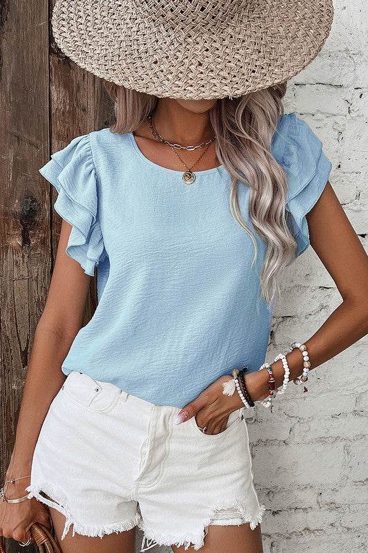 Solid Color Ruffled Short Sleeve Casual Blouse