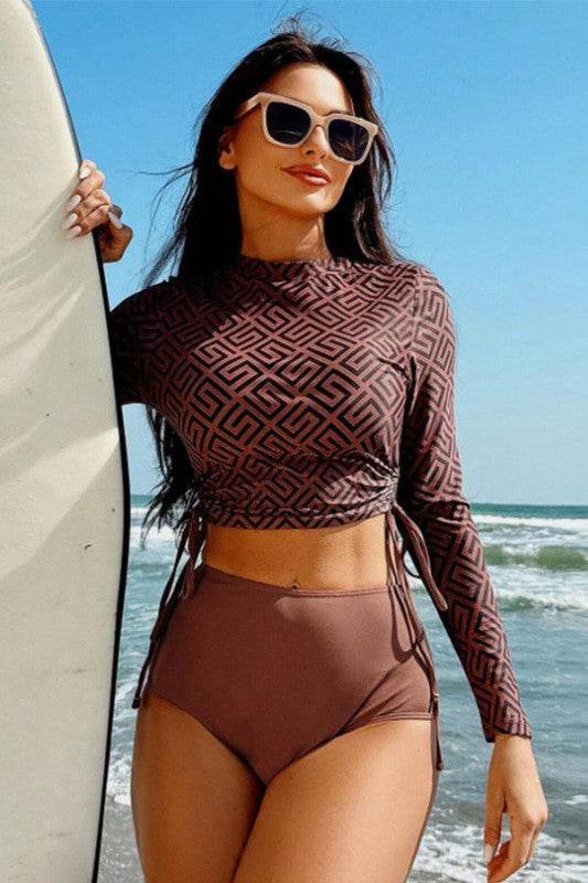 Geometric Printed Ruched Two Pieces Swimsuit