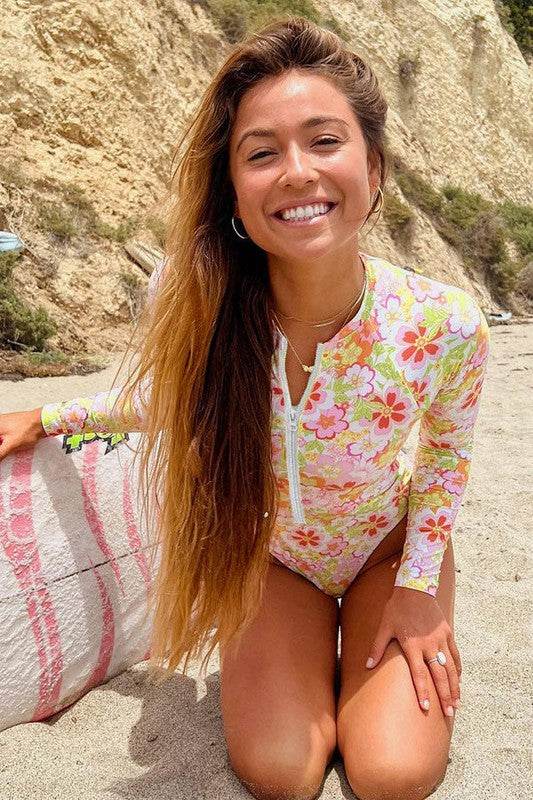 Floral Print One Piece Long Sleeve UPF50 Swimsuit