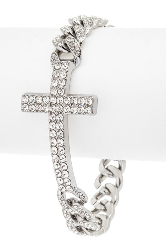 Rhinestone Cross Charm Statement Bracelet