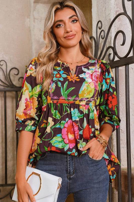 Gray Flower Embroidered Trim Half Sleeve Blouse