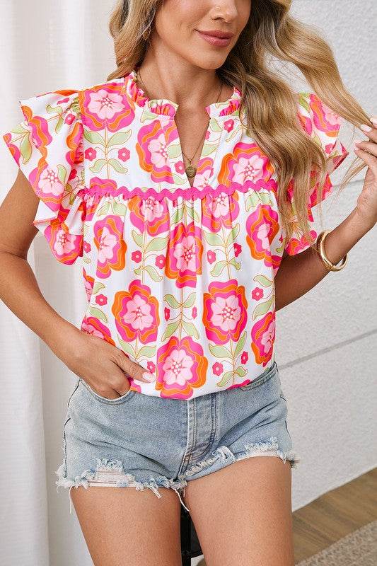 Rose Boho Floral Print Ricrac Ruffle Sleeve Blouse