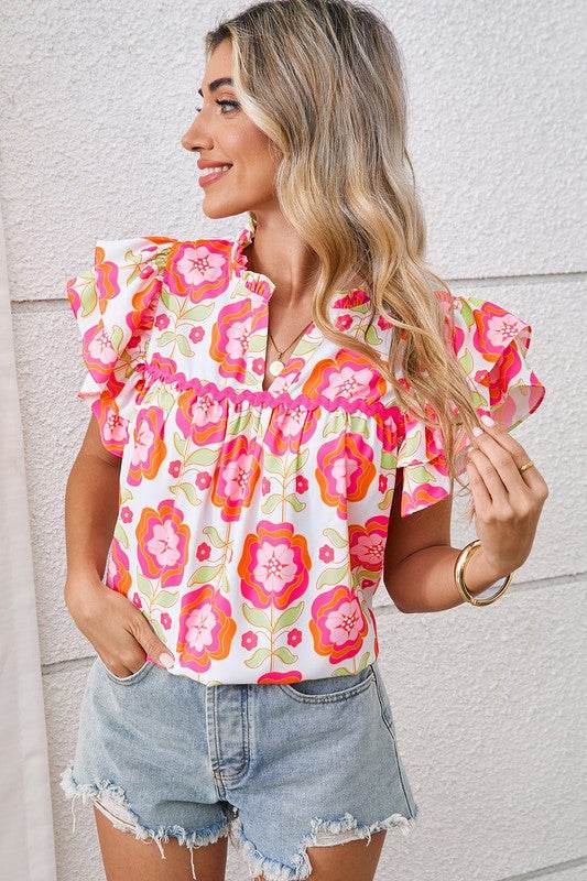 Rose Boho Floral Print Ricrac Ruffle Sleeve Blouse