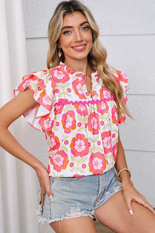 Rose Boho Floral Print Ricrac Ruffle Sleeve Blouse
