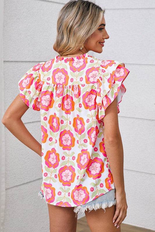 Rose Boho Floral Print Ricrac Ruffle Sleeve Blouse