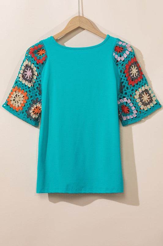 Black Floral Hollowed Crochet Sleeve Boho T Shirt