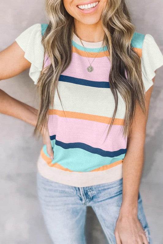 Pink mint multi stripe knit blouse