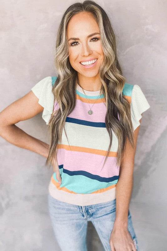 Pink mint multi stripe knit blouse