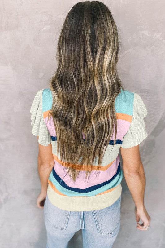 Pink mint multi stripe knit blouse