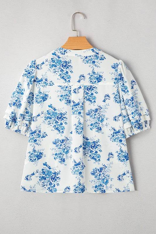 Sky Blue Floral Print Puff Sleeve Pleated Shirt