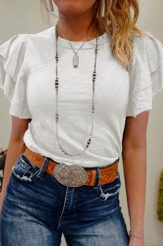 Dark Grey Ruffle Sleeve Plain Blouse