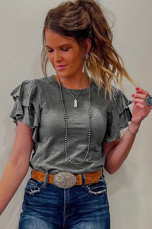 Dark Grey Ruffle Sleeve Plain Blouse