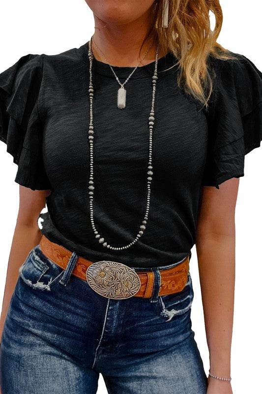 Dark Grey Ruffle Sleeve Plain Blouse