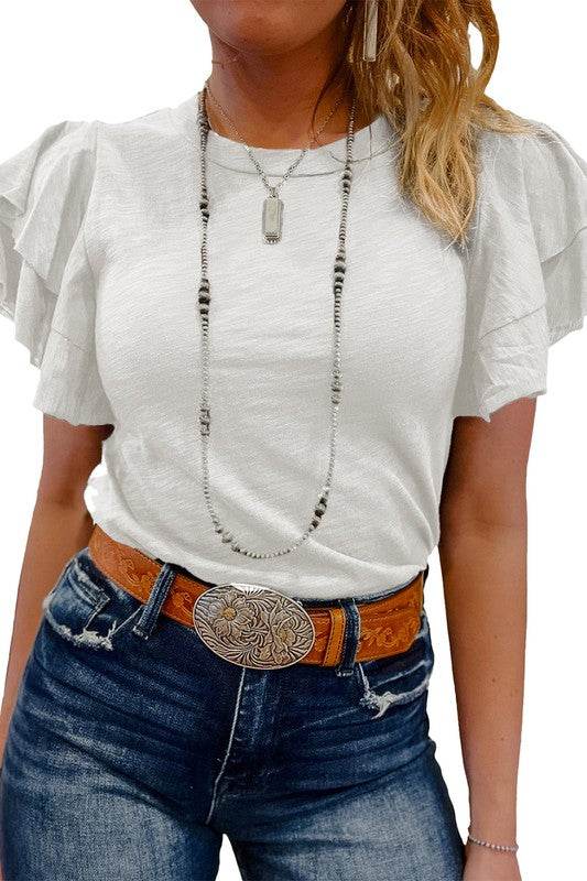 Dark Grey Ruffle Sleeve Plain Blouse