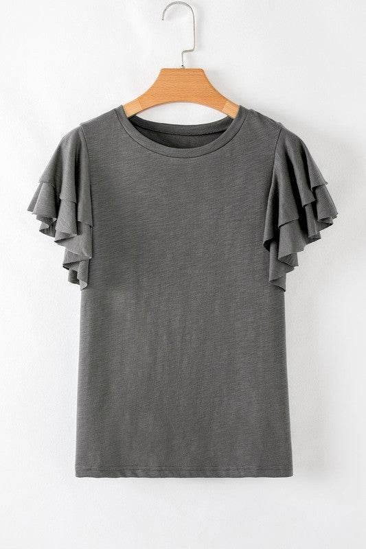 Dark Grey Ruffle Sleeve Plain Blouse