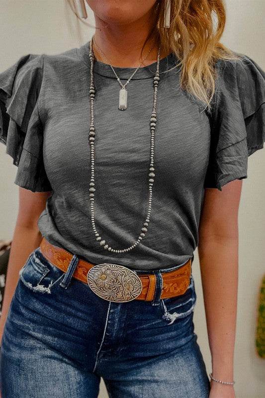 Dark Grey Ruffle Sleeve Plain Blouse