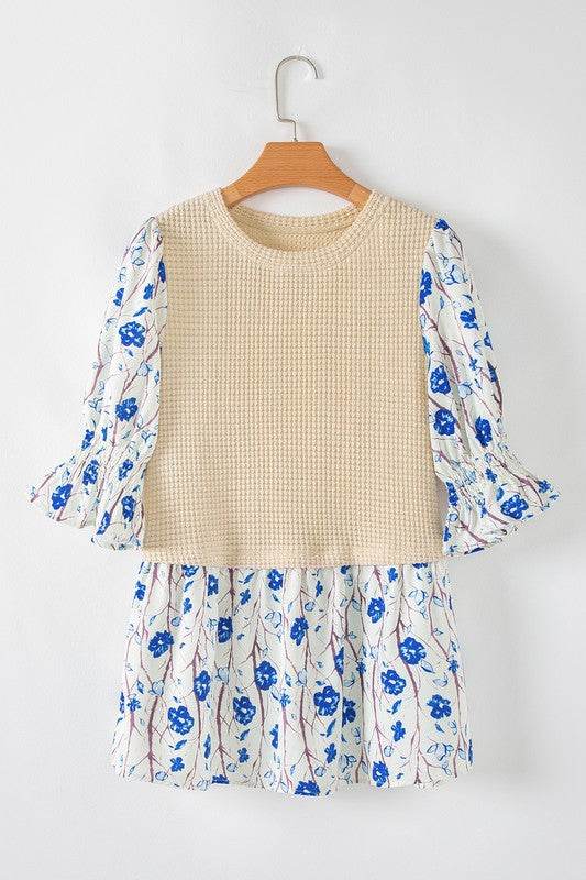 Patchwork Short Flounce Sleeve Peplum Blouse