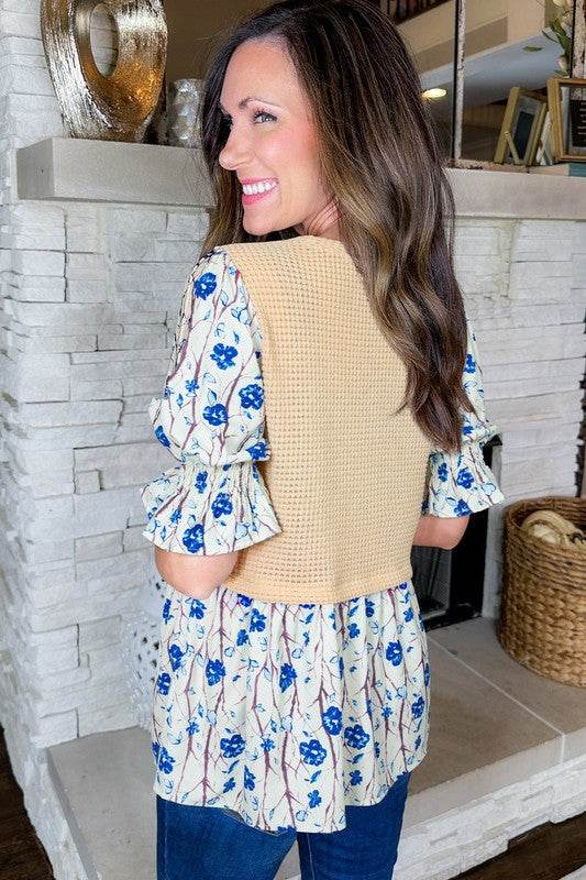 Patchwork Short Flounce Sleeve Peplum Blouse