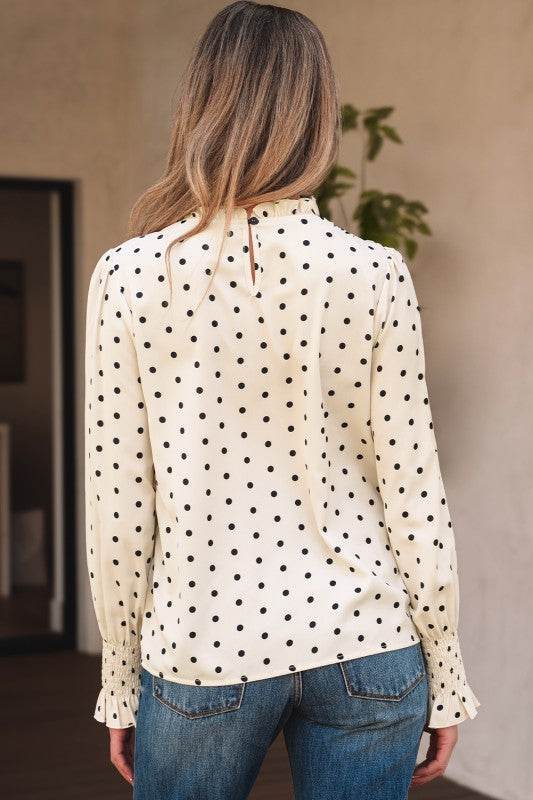 Dot Print Frilled Collar Lantern Sleeve Blouse