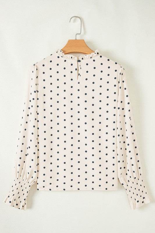 Dot Print Frilled Collar Lantern Sleeve Blouse
