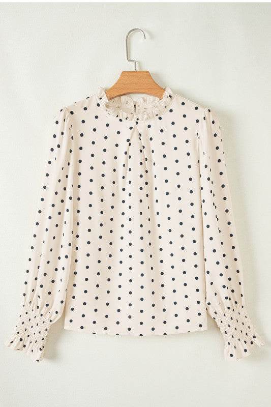 Dot Print Frilled Collar Lantern Sleeve Blouse