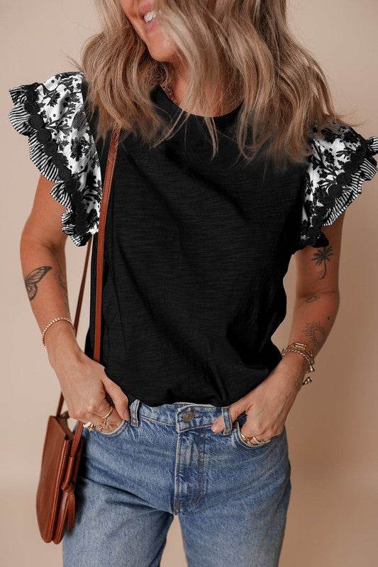 black flutter sleeve cotton top