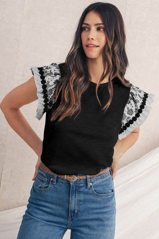 black flutter sleeve cotton top