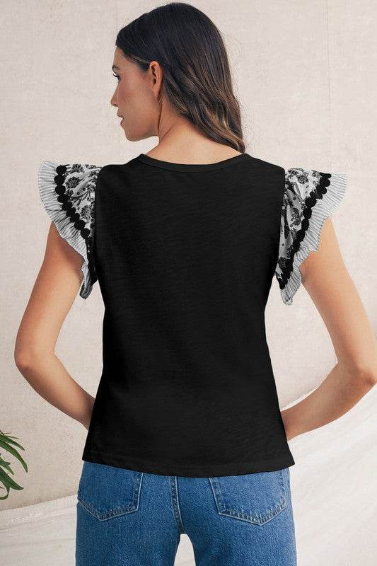 black flutter sleeve cotton top