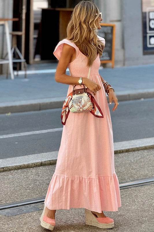 peach smocked maxi dress