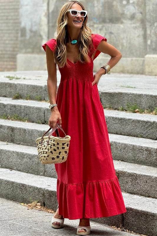 peach smocked maxi dress