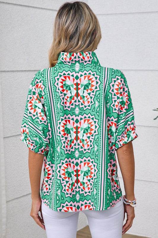 Green geo dolman blouse