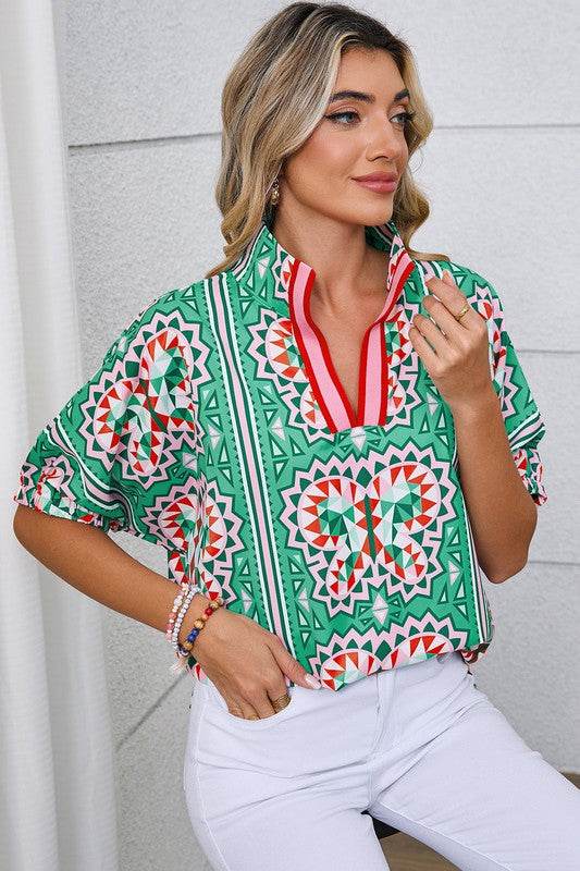 Green geo dolman blouse
