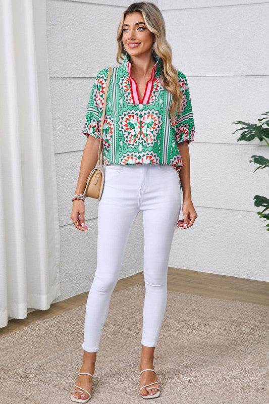 Green geo dolman blouse